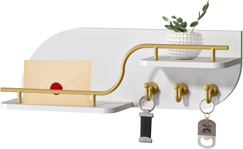 Karisky Key Holder for Wall, Decorative Key and Mail Organizer with 3 Metal Hooks and 2 Shelves, Wood Wall Mounted Key Rack for Entryway, White - Image 1